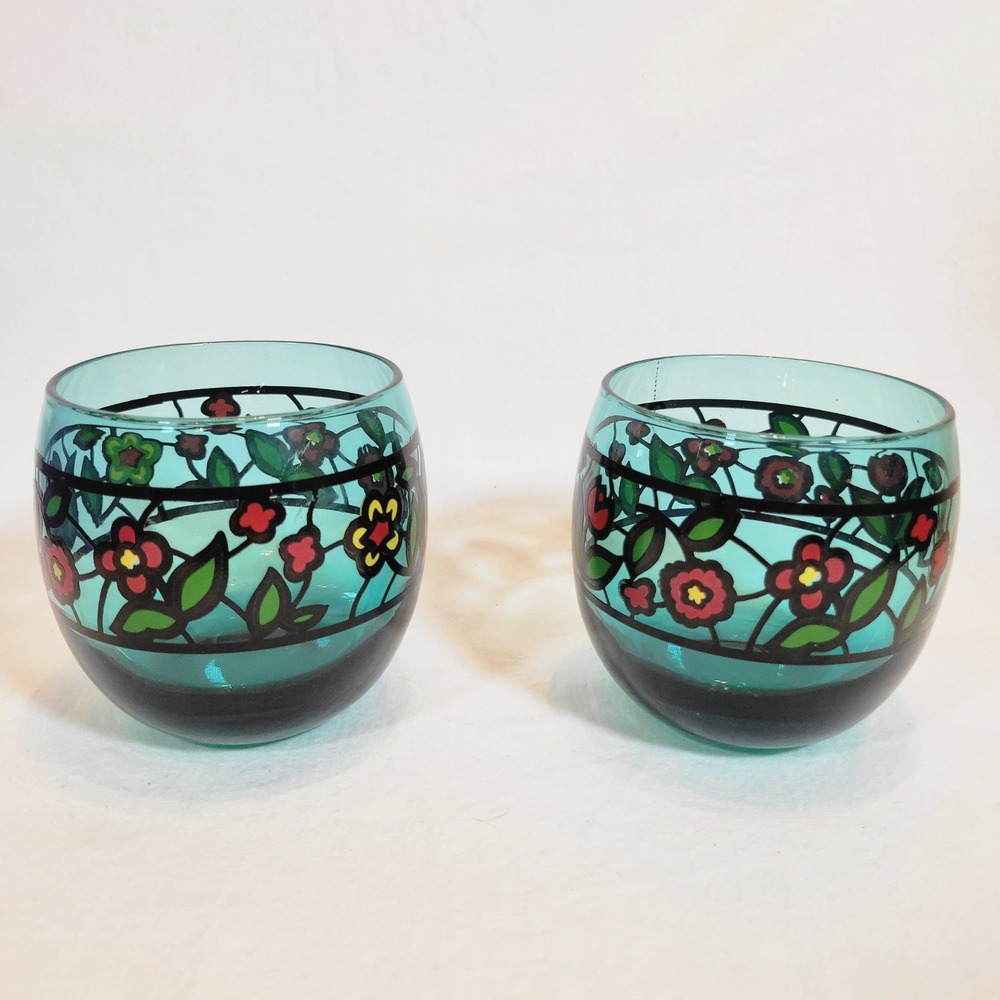 VTG Roly Poly‎ Rose Stained Glass Tumbler Set of 2 Aqua Flower Barware Glassware